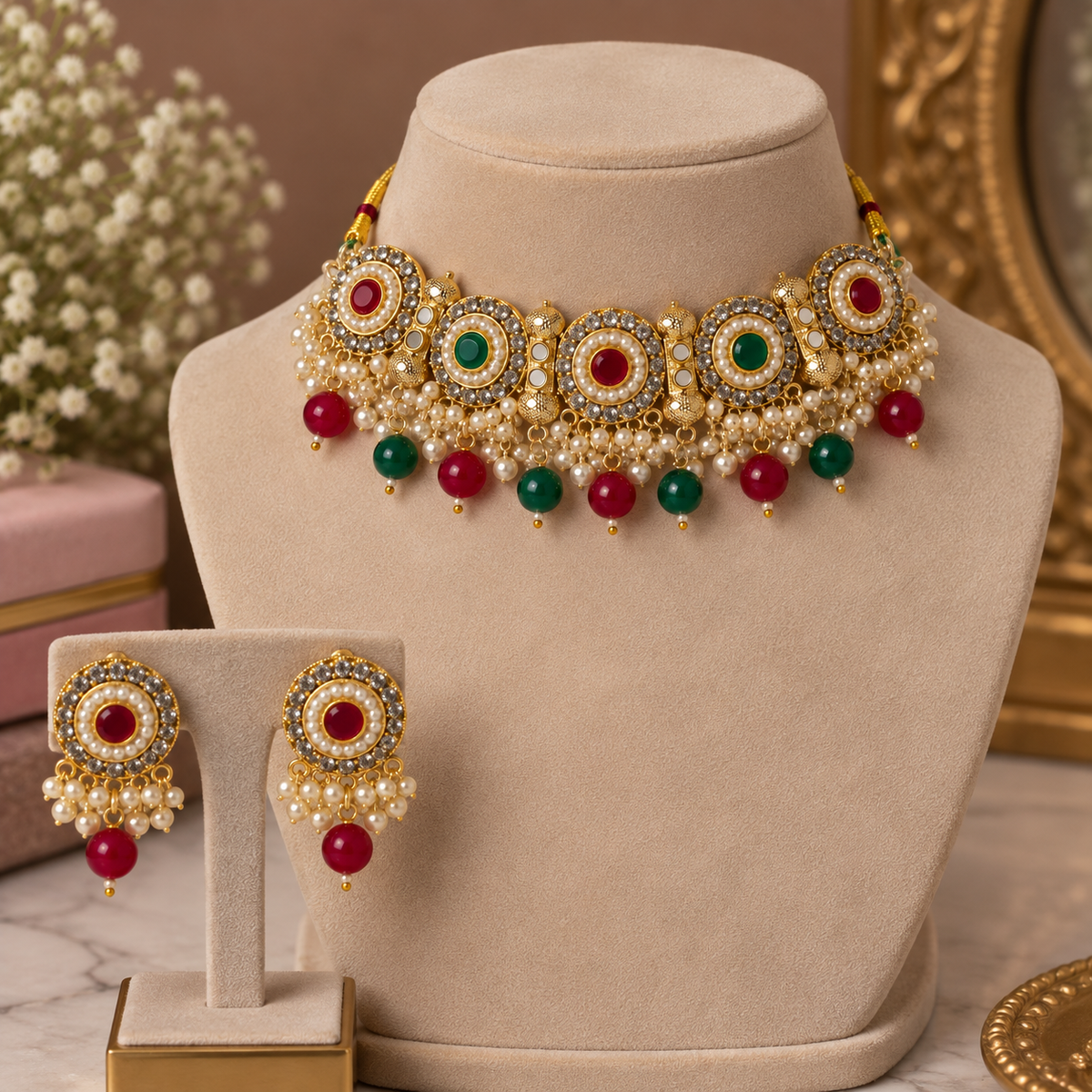 Gulnaar Multicolour Pearl Choker Set